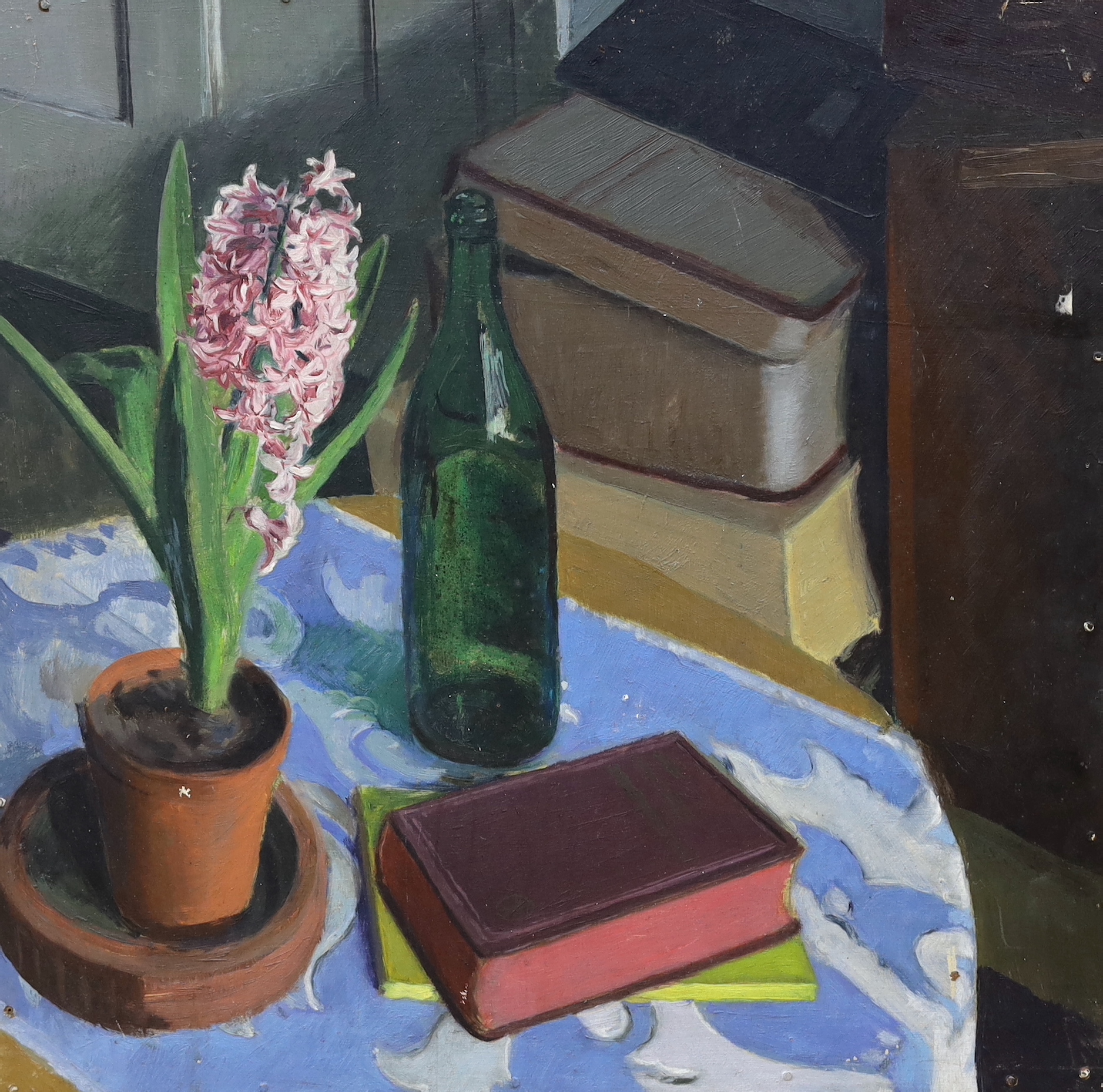 J.M. Halliday (20th. C) oil on board, Still life of flowers and vessels, signed verso, 56 x 56cm unframed